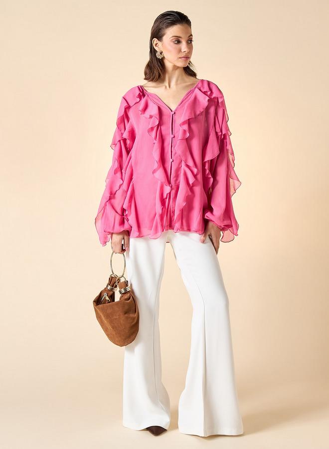 ايكونيك بلوزة أيقونية بتفاصيل كشكش ورقبة على شكل  وأكمام طويلة - Image 2