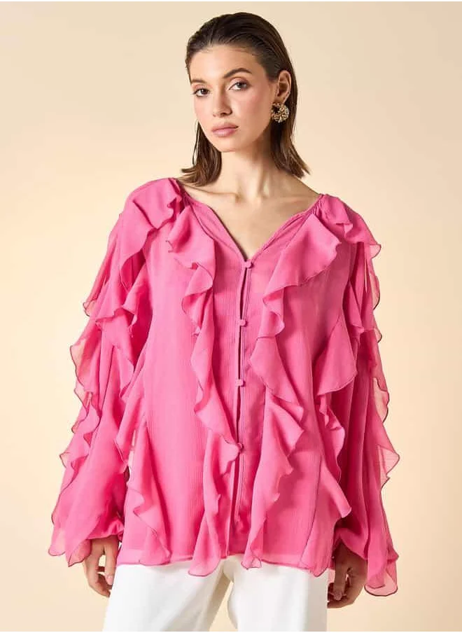Iconic Iconic Ruffle Detail Top with V-neck and Long Sleeves