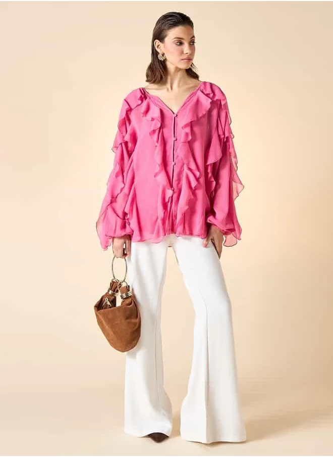 Iconic Iconic Ruffle Detail Top with V-neck and Long Sleeves