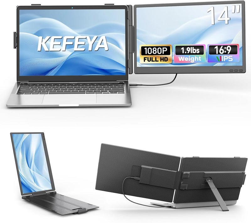 KEFEYA Laptop Screen Extender, 14" FHD 1080P IPS Dual Laptop Monitor Extender, Portable Monitor Plug & Play USB-C/HDMI/USB-A for 13"-17" Laptops, Work with Windows/MacBook/Switch/PS5 - Image 1