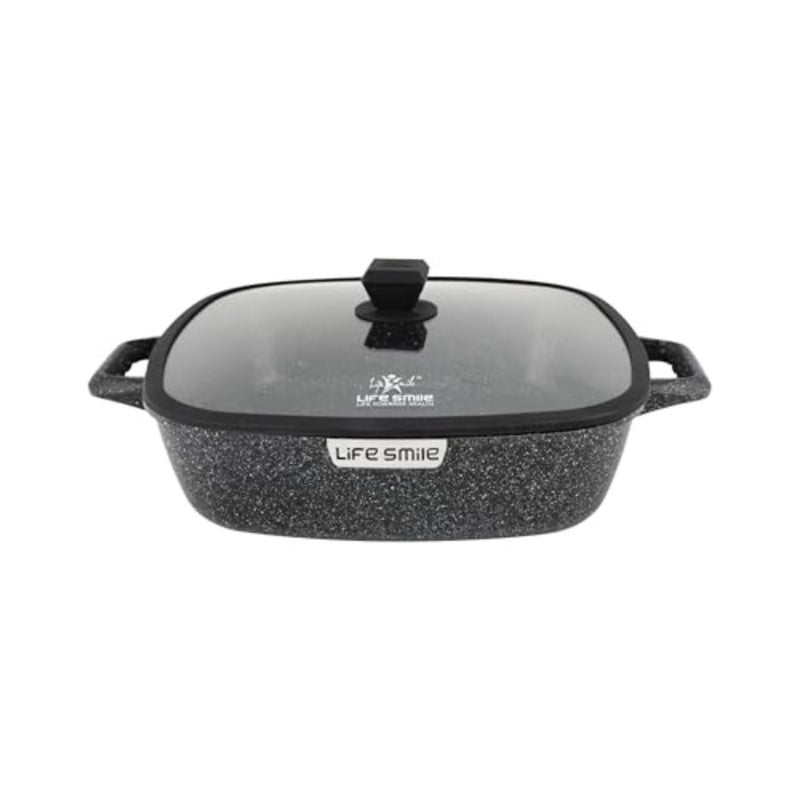 Square Shallow Casserole Pan 36cm with Lid, Granite Non-Stick Cooking Pot for Oven and Stovetop Use, Gray, Scratch-Resistant Surface - Image 1