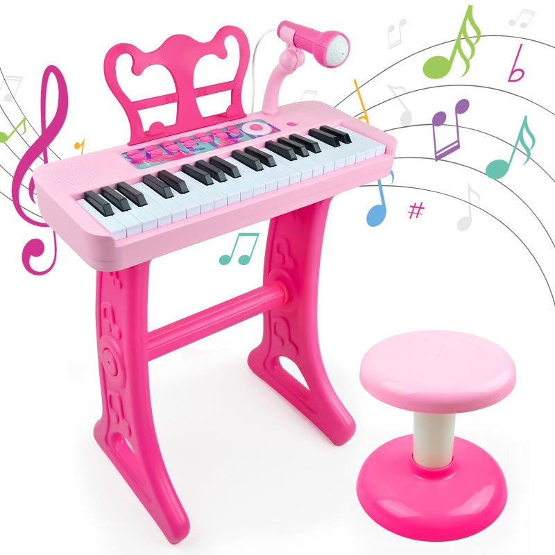 Love&Mini Kids Keyboard Toys for Girls - 37 Keys Pianos Toy with Stool and Microphone Pink Electronic Musical Instrument, Christmas Birthday Gift for Kids 3 4 5 6 7 8 Years Old Boy and Girl - Image 1