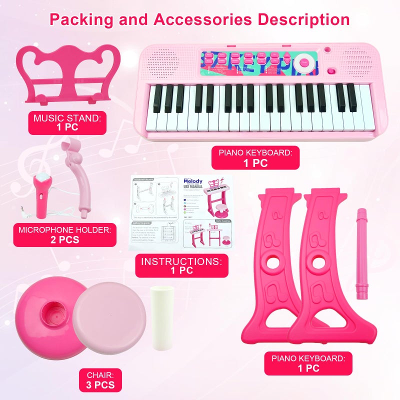 Love&Mini Kids Keyboard Toys for Girls - 37 Keys Pianos Toy with Stool and Microphone Pink Electronic Musical Instrument, Christmas Birthday Gift for Kids 3 4 5 6 7 8 Years Old Boy and Girl - Image 5