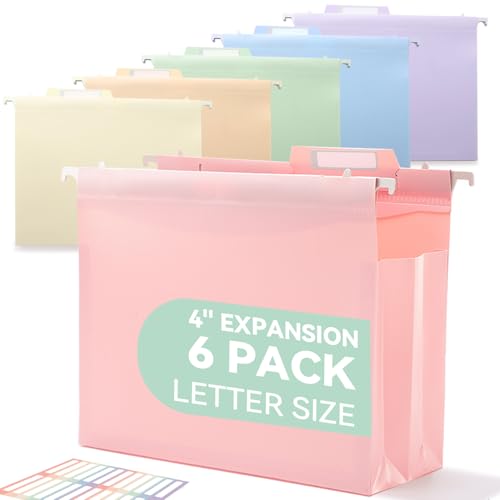 SortRax Plastic High Capacity Hanging File Folders, Pastel Colors, 4" Expanding Pocket with Movable Dividers, Heavy Duty for Filing Cabinet, Insertable Tabs, Letter Size - 6 Pack - Image 1