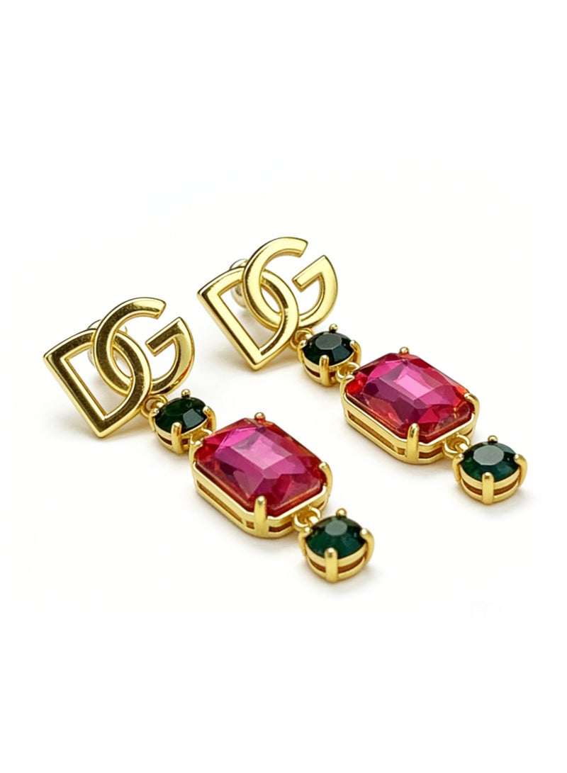 D&G Retro red and green contrast gemstone earrings light luxury letters long earrings banquet dress earrings - Image 2