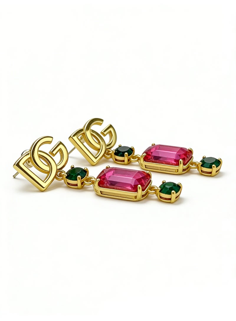 D&G Retro red and green contrast gemstone earrings light luxury letters long earrings banquet dress earrings - Image 3