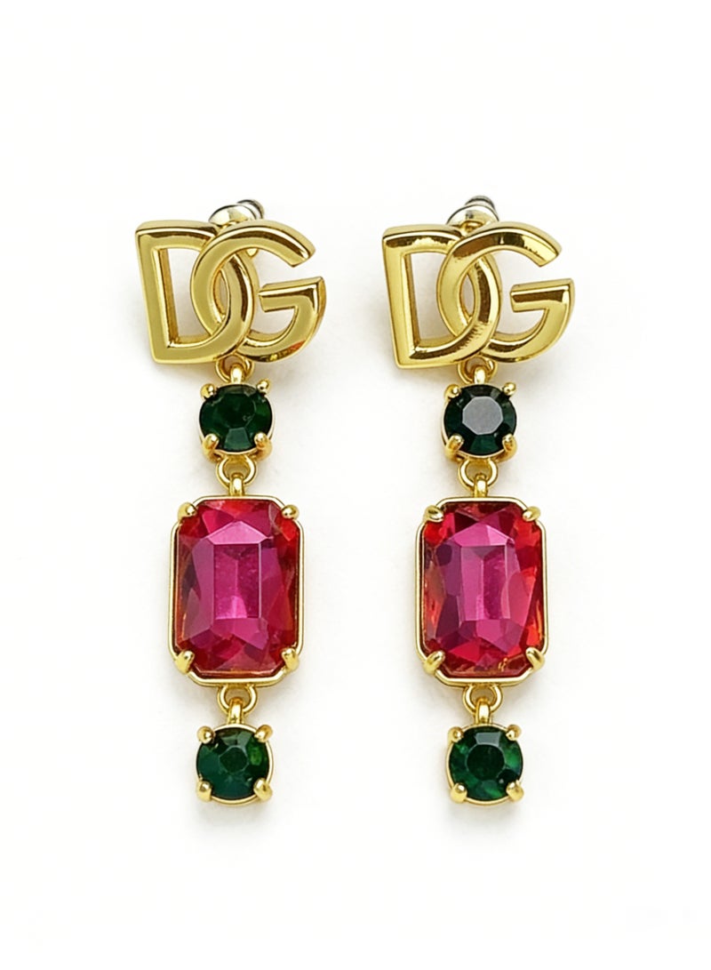 D&G Retro red and green contrast gemstone earrings light luxury letters long earrings banquet dress earrings - Image 1