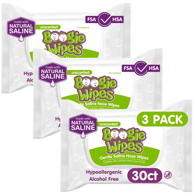 Boogie Boogie Wipes Saline Wipes for Baby Kids Nose Booger Wipes for Allergy Relief Face Hand Body Made with Vitamin E Aloe and Natural Saline Unscented 30 Count Pack of 3