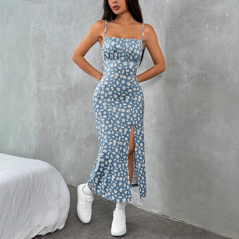 Women's Sleeveless Wrap High Slit Daisy Print Dress - Image 2