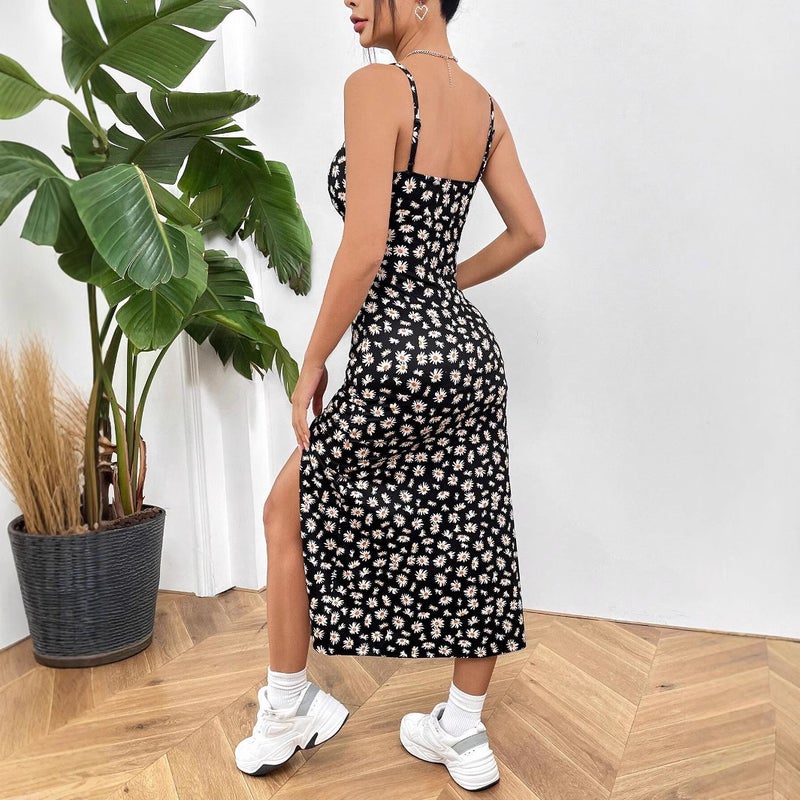Women's Sleeveless Wrap High Slit Daisy Print Dress - Image 3