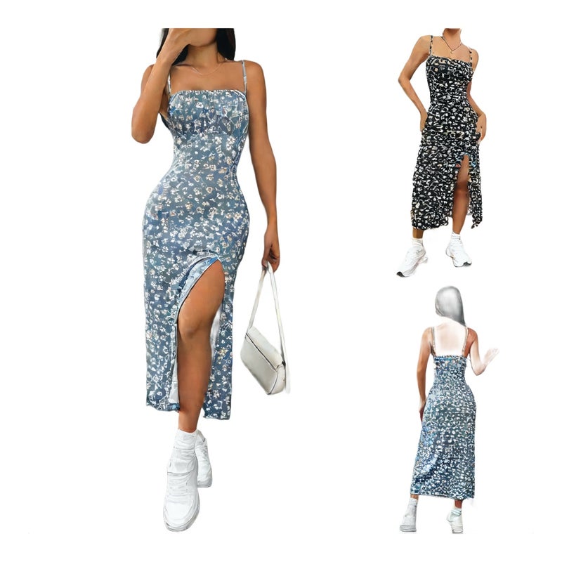 Women's Sleeveless Wrap High Slit Daisy Print Dress - Image 1