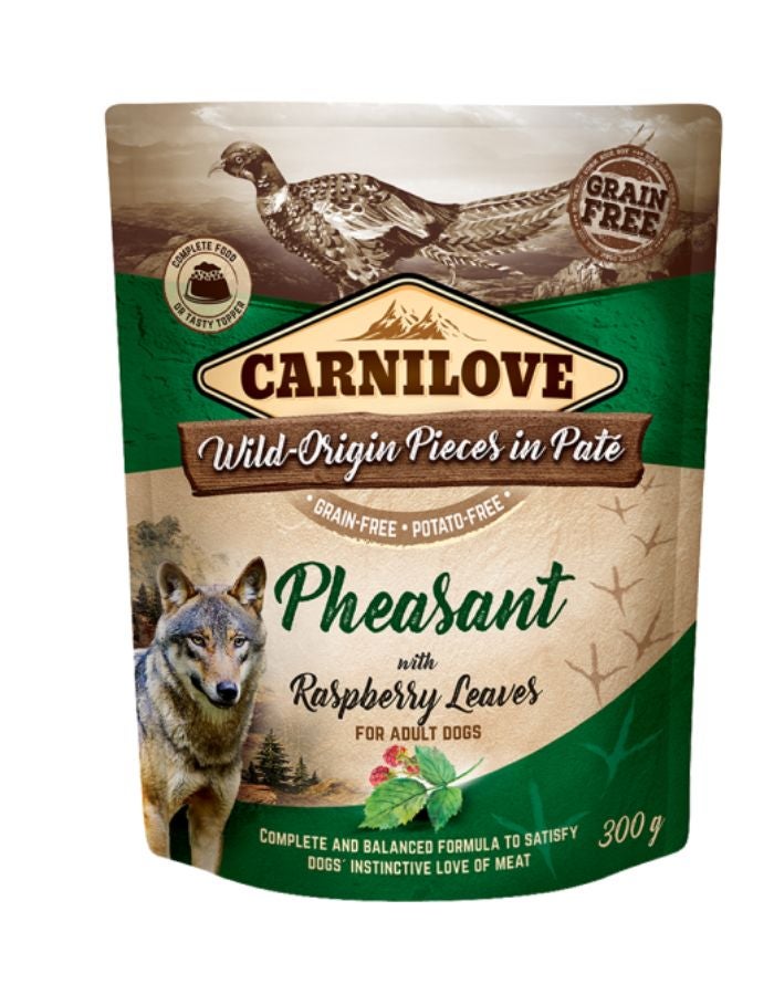 Carnilove Pheasant with Raspberry Leaves Wet Food for Adult Dogs – 12x300g Pouches, Grain-Free, High Meat Content