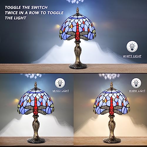 MIAOKE Stained Glass Table Lamp,Stained Glass Crystal Bead Style Table Light, Handmade Desk Bedside Night Light, Antique Art Craft Gifts Lover Living Room Bedroom Bookcase(Blue Dragonfly) - Image 3