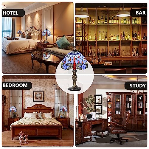 MIAOKE Stained Glass Table Lamp,Stained Glass Crystal Bead Style Table Light, Handmade Desk Bedside Night Light, Antique Art Craft Gifts Lover Living Room Bedroom Bookcase(Blue Dragonfly) - Image 4
