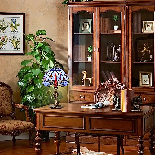 MIAOKE Stained Glass Table Lamp,Stained Glass Crystal Bead Style Table Light, Handmade Desk Bedside Night Light, Antique Art Craft Gifts Lover Living Room Bedroom Bookcase(Blue Dragonfly) - Image 5