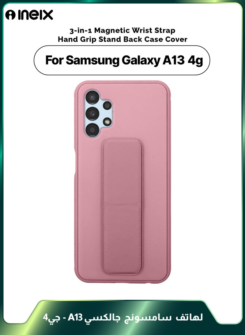 INEIX 3-in-1 Magnetic Wrist Strap Hand Grip Stand Back Case Cover for Samsung Galaxy A13 4G-Pink - Image 1