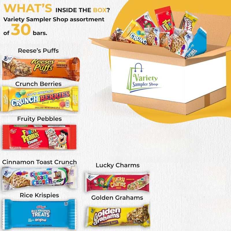 Cereal Bars Variety Pack Breakfast Food Snack Box 30 Individually Wrapped Granola Bars Lucky Charms, Cinnamon Toast Crunch, Golden Grahams, Peanut Butter Puffs - Image 2