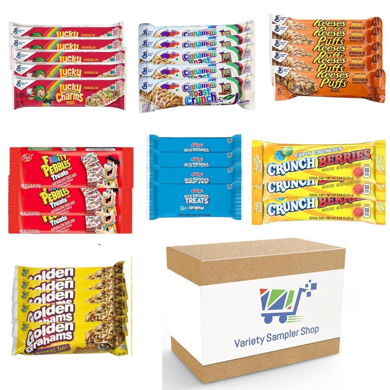 Cereal Bars Variety Pack Breakfast Food Snack Box 30 Individually Wrapped Granola Bars Lucky Charms, Cinnamon Toast Crunch, Golden Grahams, Peanut Butter Puffs - Image 1