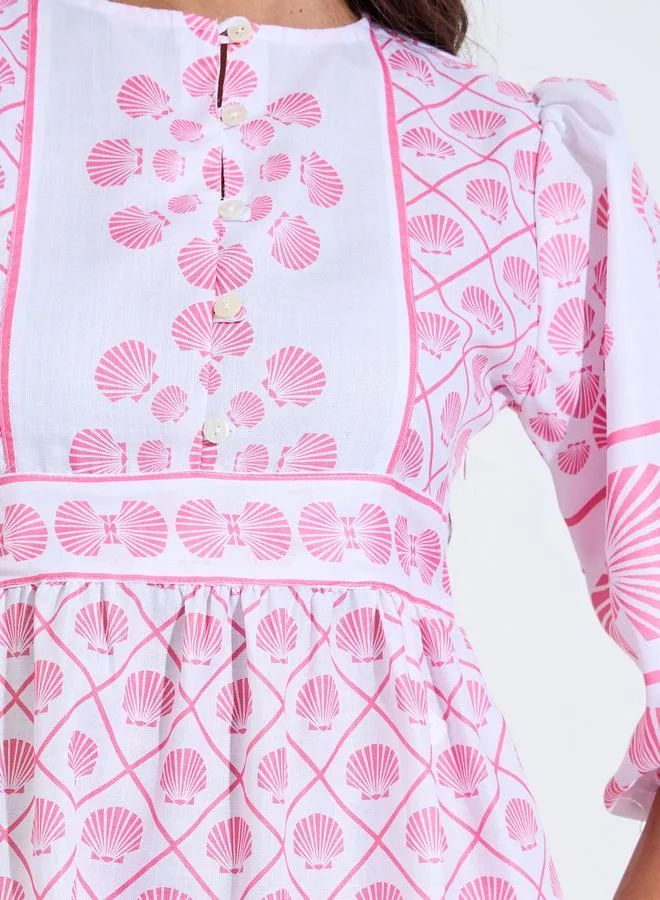 Styli  Pink All Over Print 3/4 Sleeves Tiered Midi Dress for Women | Best Price UAE