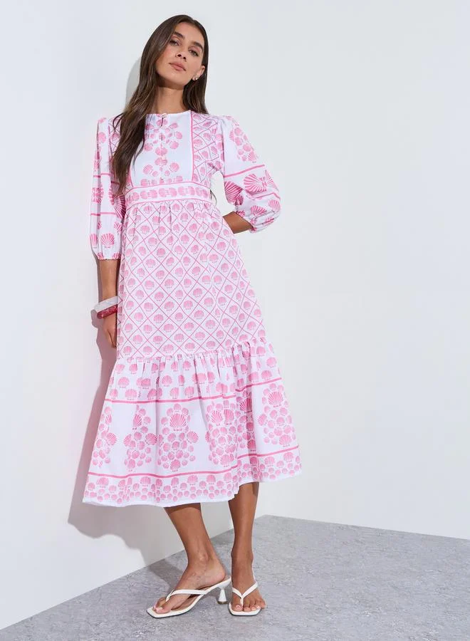Pink All Over Print 3/4 Sleeves Tiered Midi Dress