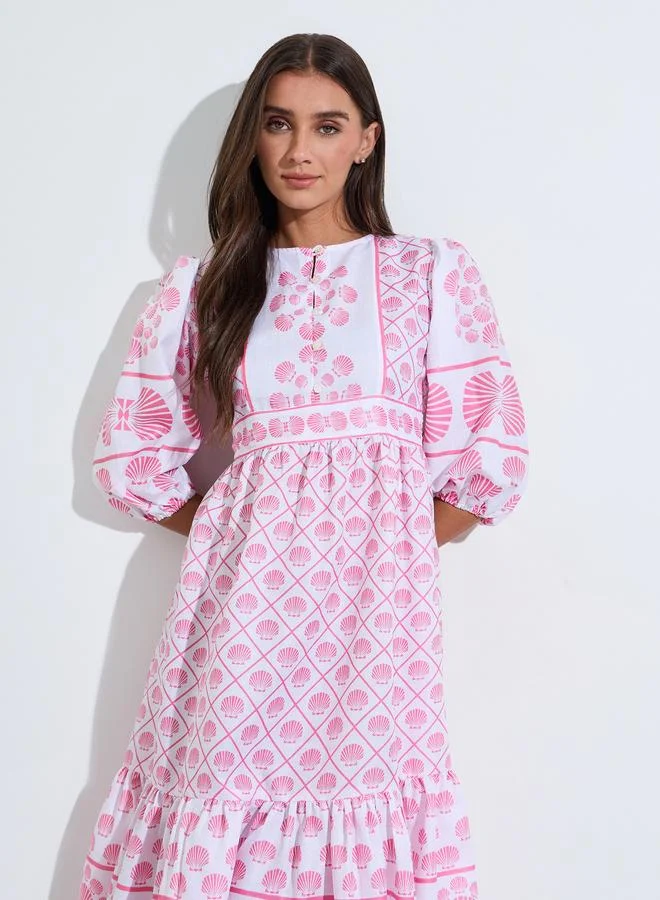 Styli  Pink All Over Print 3/4 Sleeves Tiered Midi Dress for Women | Best Price UAE