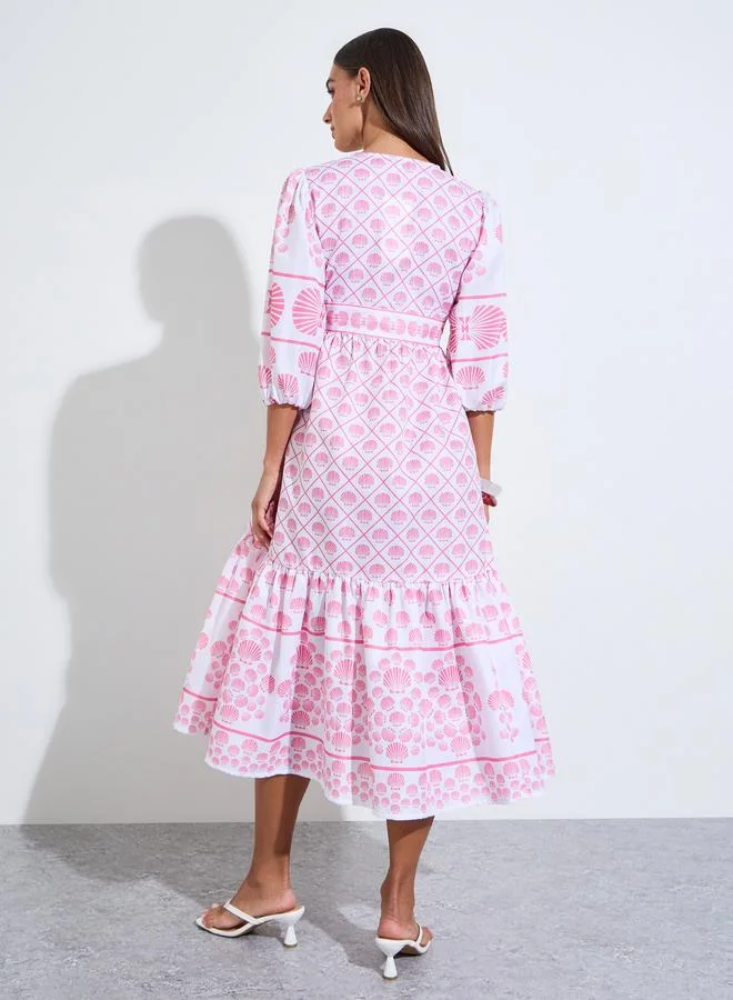 Styli  Pink All Over Print 3/4 Sleeves Tiered Midi Dress for Women | Best Price UAE