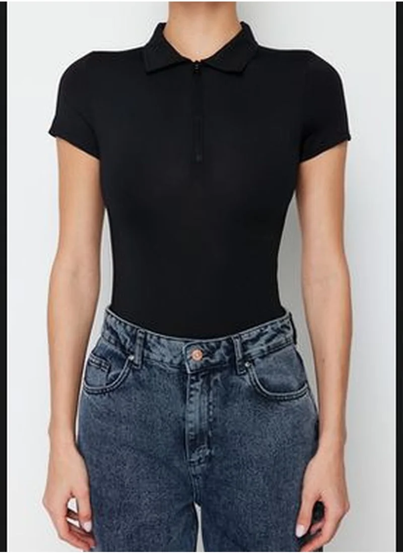 trendyol Black Fitted/Situated Zipper Collar Snap-On Stretch Knitted Body TWOSS24BD00025