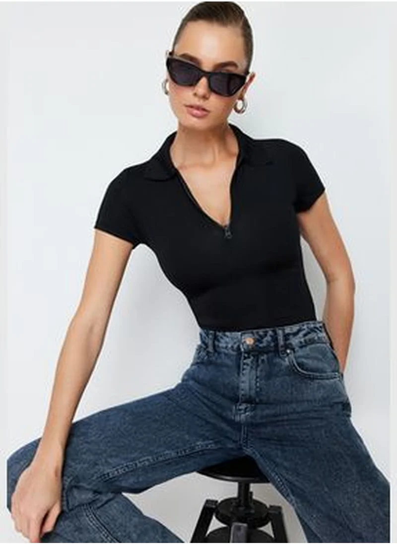 trendyol Black Fitted/Situated Zipper Collar Snap-On Stretch Knitted Body TWOSS24BD00025