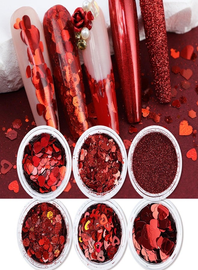 WAFOLOZE Valentine’s Day Nail Art Glitters Red Heart Nail Sequins for Nail Art Red Shiny Flake 3D Holographic Powder Dust Glitters Valentine’s Day Nail Art Decorations Sets（6 Boxes - Image 2