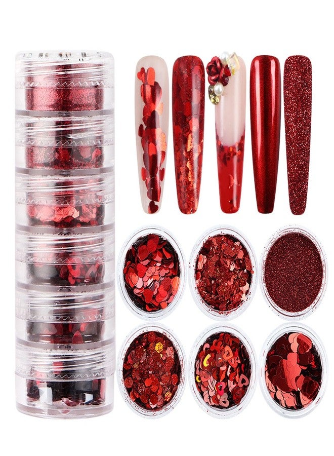 WAFOLOZE Valentine’s Day Nail Art Glitters Red Heart Nail Sequins for Nail Art Red Shiny Flake 3D Holographic Powder Dust Glitters Valentine’s Day Nail Art Decorations Sets（6 Boxes - Image 1