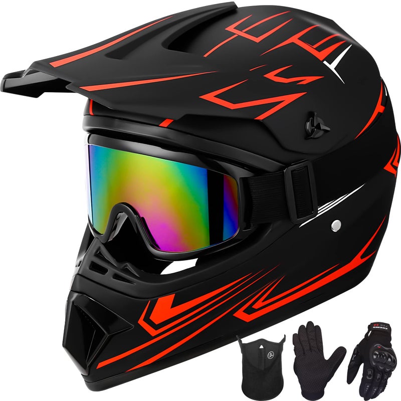 Yesmotor Youth Kids Motocross Helmet Motorcycle Dirt Bike OffRoad Mountain Bike BMX MX ATV Helmet withGloves Goggles Mask 4Pcs Set DOT ApprovedRedS