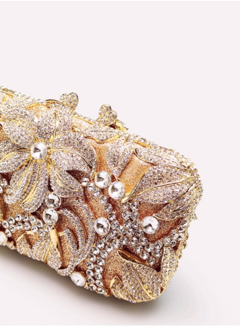 Generic - Luxurious Artistic Sense Sequined Flower Crystal Encrusted Gold Evening Bag Small Clutch Mini Party Bag - Image 1