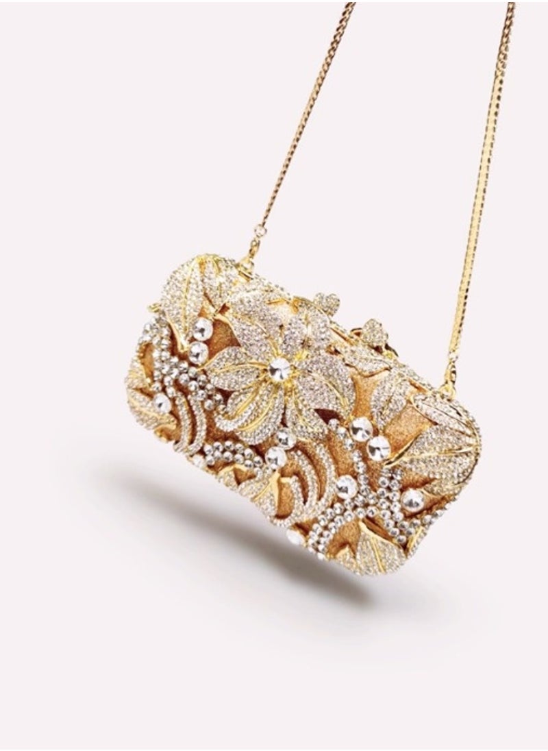 Generic - Luxurious Artistic Sense Sequined Flower Crystal Encrusted Gold Evening Bag Small Clutch Mini Party Bag - Image 1