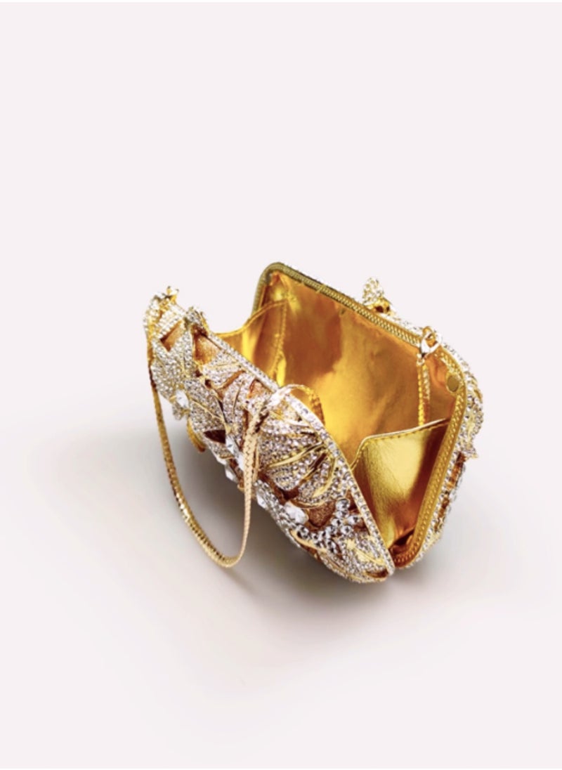 Generic - Luxurious Artistic Sense Sequined Flower Crystal Encrusted Gold Evening Bag Small Clutch Mini Party Bag - Image 1