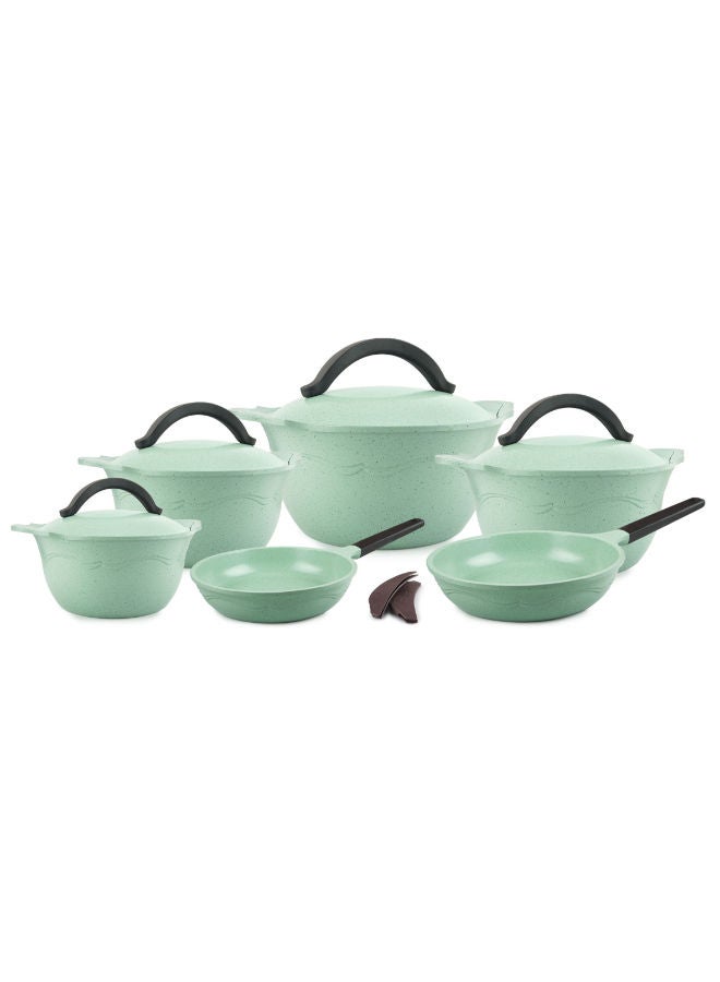 Master Retro Line Granite Set 12 Piece Pot 20 - 24 - 26 - 30 - Frying Pan 22 - 26 cm-Mint Green 
