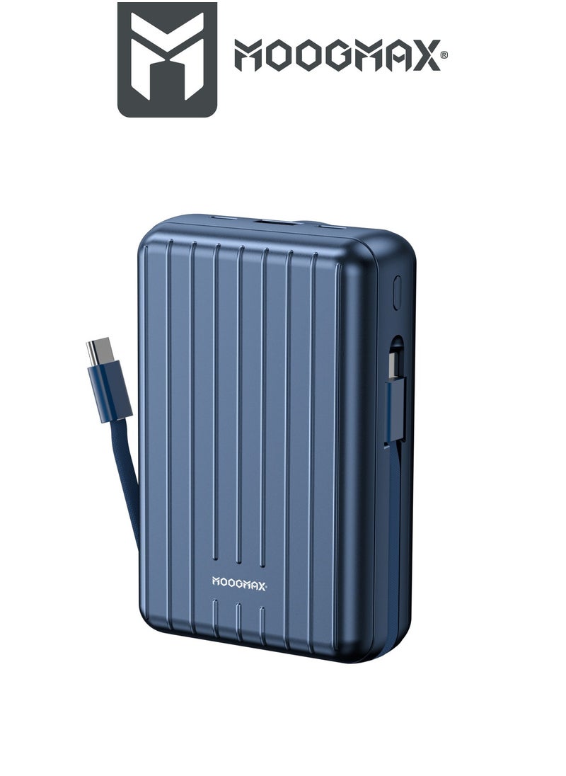 MOOGMAX - 20000mAh Trunk series magnetic wireless power bank  22.5W super-charging, two built-in cables with 15W wireless charging, 3 external ports 1 Type-C and 1 Type-A, and a Lightning port. Blue - Image 1