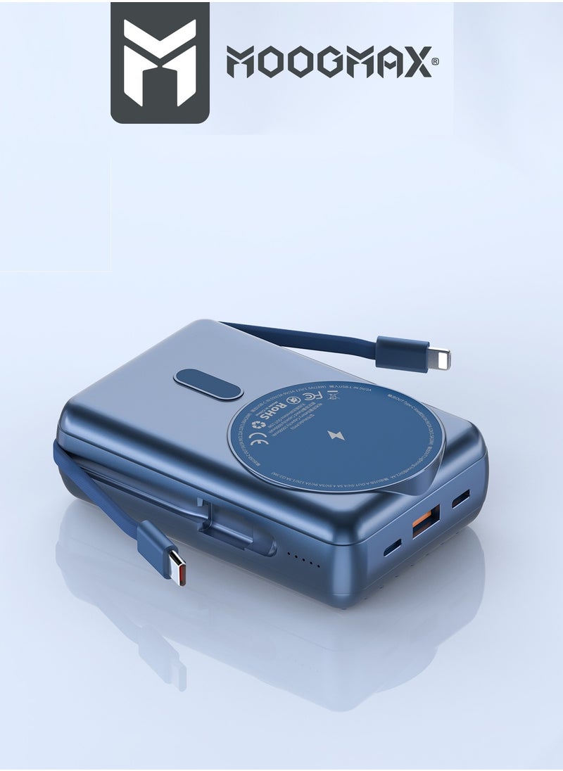 MOOGMAX - 20000mAh Trunk series magnetic wireless power bank  22.5W super-charging, two built-in cables with 15W wireless charging, 3 external ports 1 Type-C and 1 Type-A, and a Lightning port. Blue - Image 1