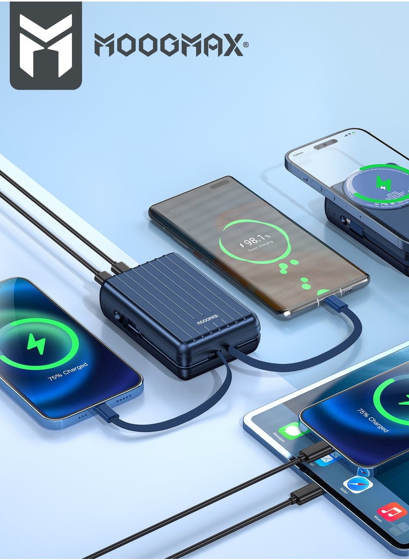 MOOGMAX - 20000mAh Trunk series magnetic wireless power bank  22.5W super-charging, two built-in cables with 15W wireless charging, 3 external ports 1 Type-C and 1 Type-A, and a Lightning port. Blue - Image 1