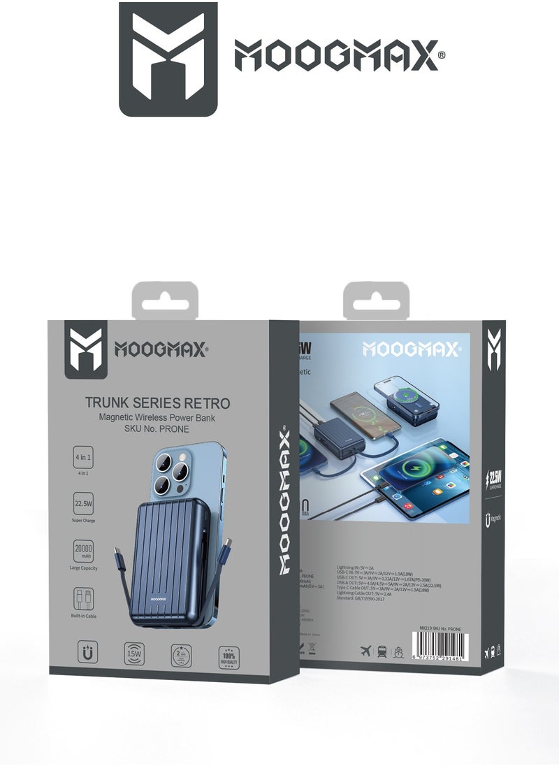 MOOGMAX - 20000mAh Trunk series magnetic wireless power bank  22.5W super-charging, two built-in cables with 15W wireless charging, 3 external ports 1 Type-C and 1 Type-A, and a Lightning port. Blue - Image 1