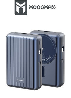 موجماكس باور بنك لاسلكي مغناطيسي من سلسلة trunk بسعة 20000mAh والجهد 22.5W فائق الشحن وكبلان مدمجان مع شحن لاسلكي بجهد 15 واط و 3 منافذ خارجية 1 Type-c و 1 Type-A ومنفذ لايتنينج(ايفون) لشحن الباوربنك. أزرق  - Image 2