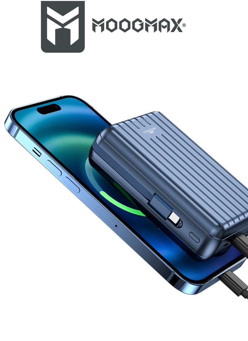 MOOGMAX - 20000mAh Trunk series magnetic wireless power bank  22.5W super-charging, two built-in cables with 15W wireless charging, 3 external ports 1 Type-C and 1 Type-A, and a Lightning port. Blue - Image 1