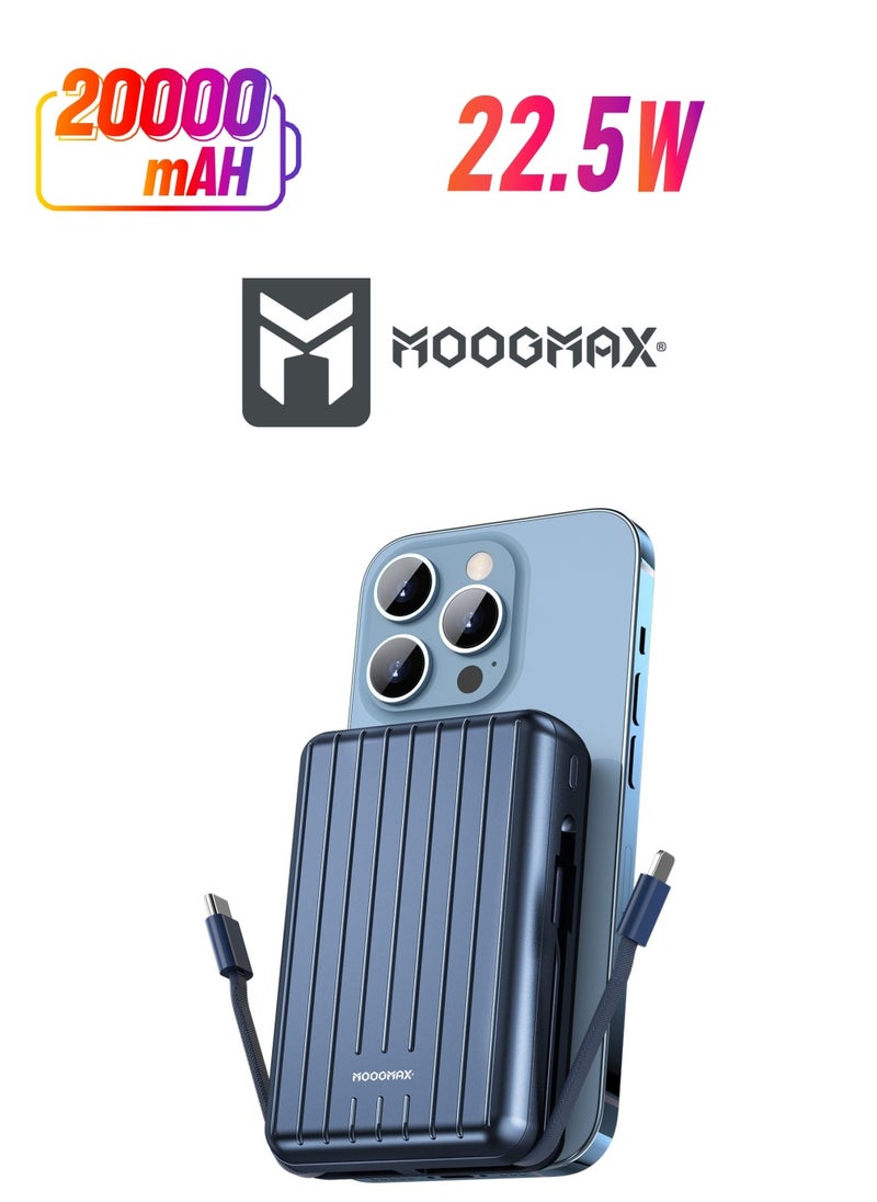 MOOGMAX - 20000mAh Trunk series magnetic wireless power bank  22.5W super-charging, two built-in cables with 15W wireless charging, 3 external ports 1 Type-C and 1 Type-A, and a Lightning port. Blue - Image 1