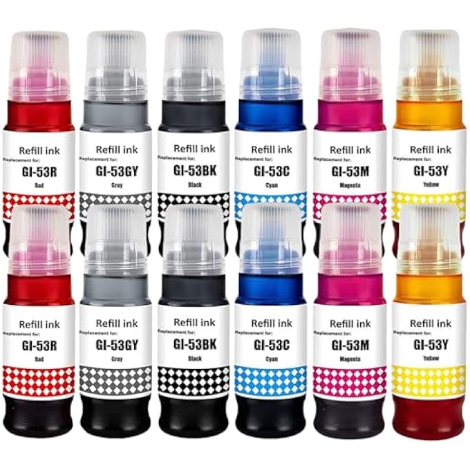 GI53 GI-53 INK CARTRIDGES COMPATIBLE WITH CANON PIXMA GI53 GI-53 INK BOTTLE MULTIPACK FOR PIXMA G650 G550 (12-PACK, 2BLACK/2CYAN/2MAGENTA/22YELLOW/2RED/2GREY)