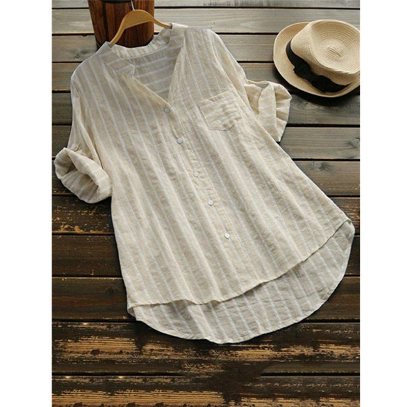 Cross-border women's clothing 2022 AliExpress European and American foreign trade new casual V-neck striped three-quarter sleeve women's shirt black S - Image 4
