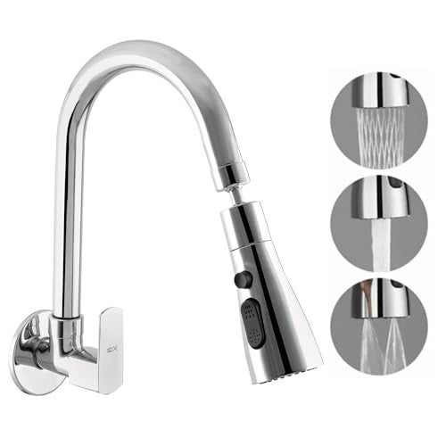 10X Rotatable Brass Kitchen Sink Tap ST-41023 Rotatable Neck Triple Flow, 3 Function Shower Flow/Foam, Anit Splash Wall Mount, Chrome Plate - Image 2