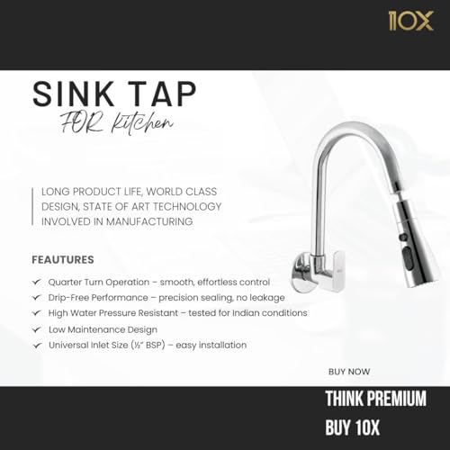 10X Rotatable Brass Kitchen Sink Tap ST-41023 Rotatable Neck Triple Flow, 3 Function Shower Flow/Foam, Anit Splash Wall Mount, Chrome Plate - Image 3