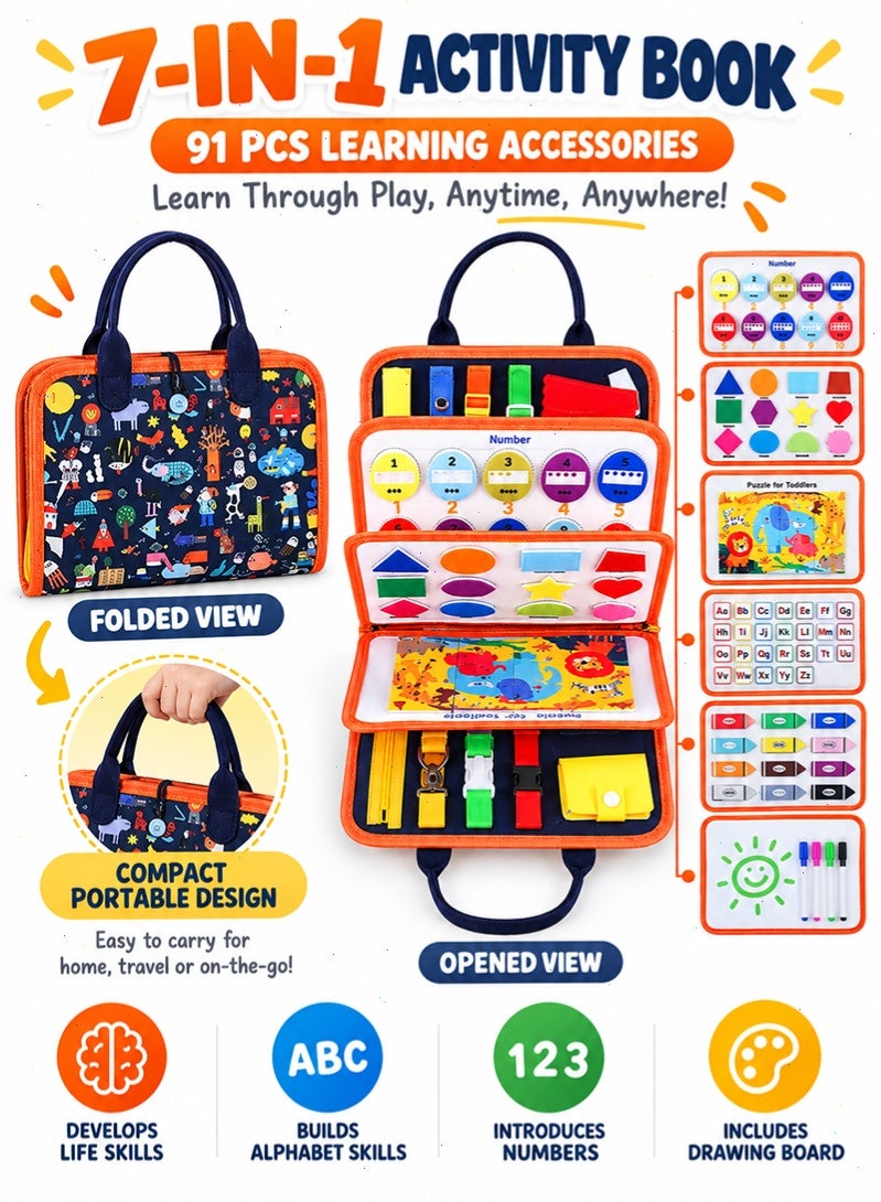 Topyich Montessori Busy Board for Toddlers, 7-in-1 Sensory Activity Quiet Book, Travel Educational Toy for Kids 3+ Years Old, Road Trip & Airplane Essentials - Image 4