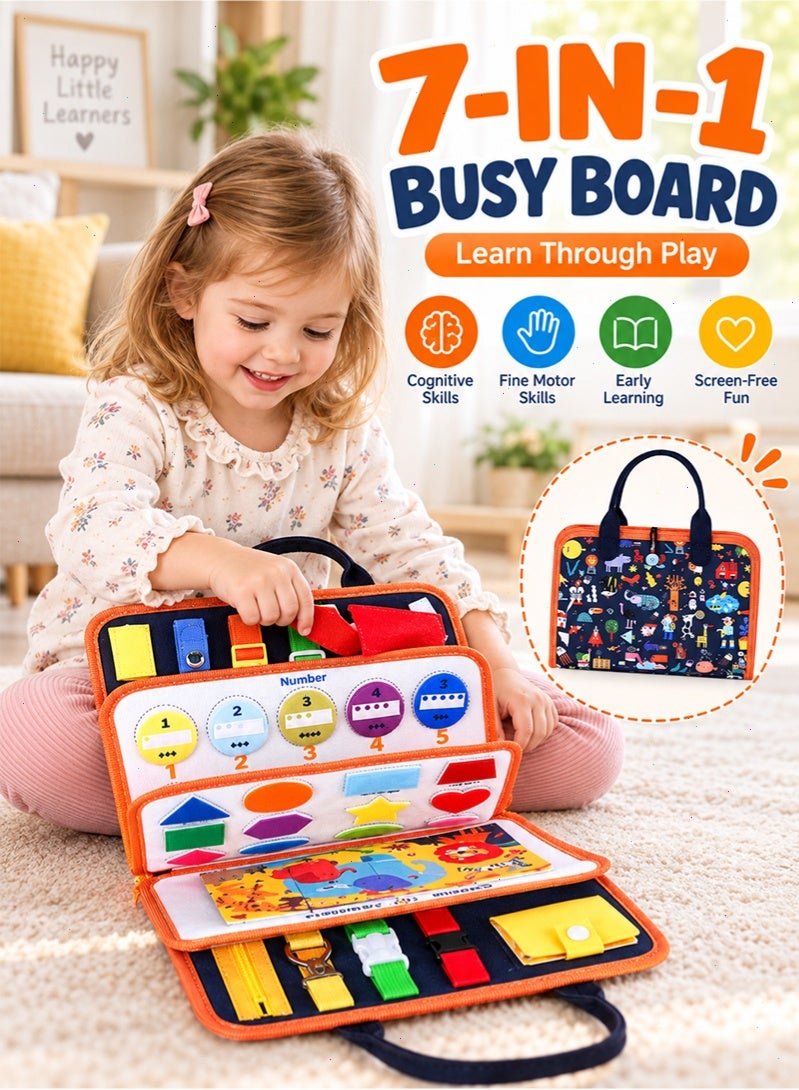 Topyich Montessori Busy Board for Toddlers, 7-in-1 Sensory Activity Quiet Book, Travel Educational Toy for Kids 3+ Years Old, Road Trip & Airplane Essentials - Image 1