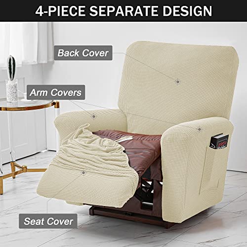 CONRUSER Stretch Recliner Chair Covers, 4-Piece Soft Sofa Cover Thick Single Seat Couch Cover Jacquard Recliner Slipcover with Pocket (Beige) - Image 3
