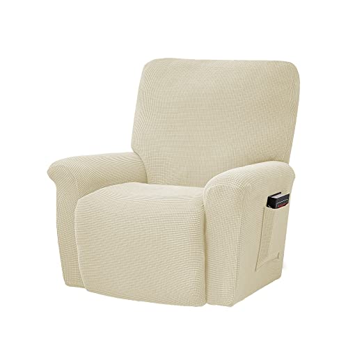 CONRUSER Stretch Recliner Chair Covers, 4-Piece Soft Sofa Cover Thick Single Seat Couch Cover Jacquard Recliner Slipcover with Pocket (Beige) - Image 1